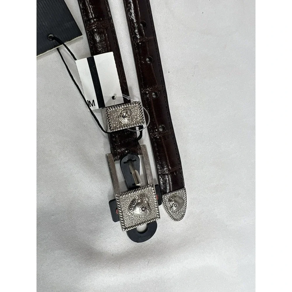 Mak Chantal Skinny Belt Womens L‎ Brown Leather Western Silver Buckle New